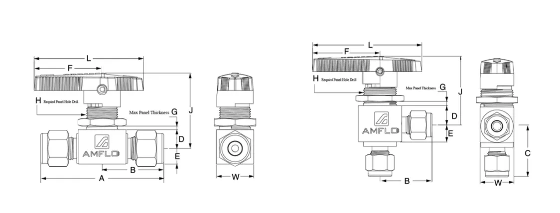 Шаровой кран AMFLO, SS-BV11,  угловой, нержавеющий SS316L, 206 bar, 2-х портовый / Ball valve SS-BV11 two elbow ports